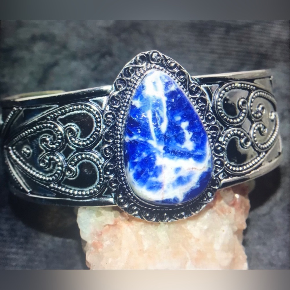 Sodalite Stamped 925 Sterling Silver Cuff Bracelet
